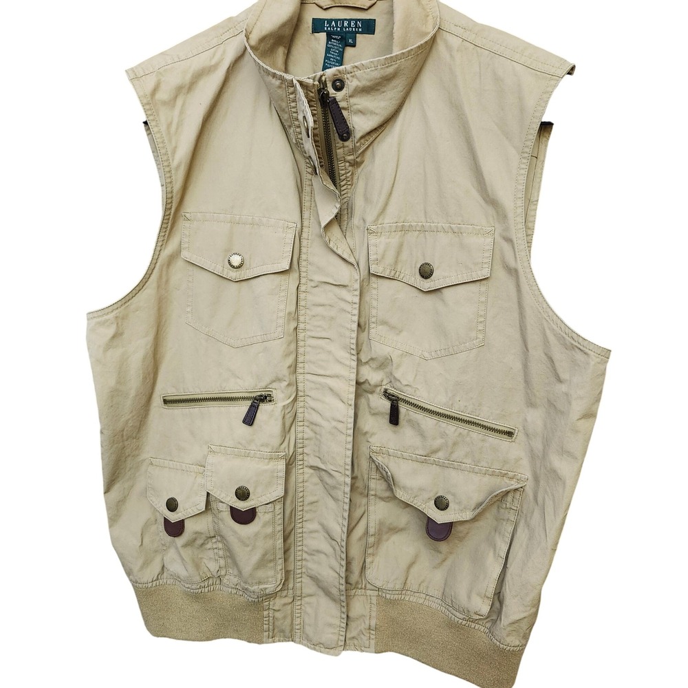 VTG Lauren Ralph Lauren Mens Utility Fishing Military Khaki full zip Vest XL